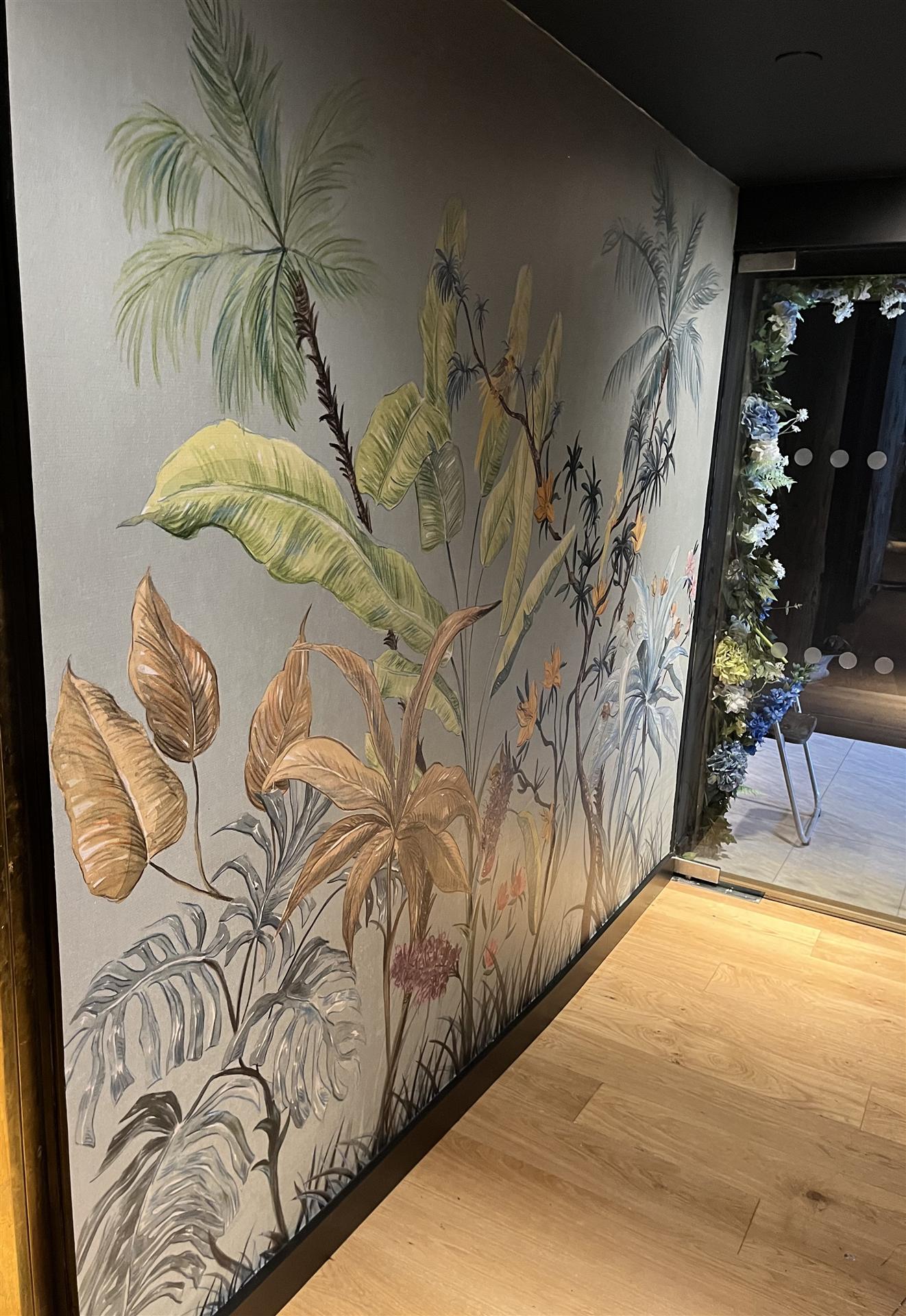 Tropical botanical wallpaper in bar and restaurant, London